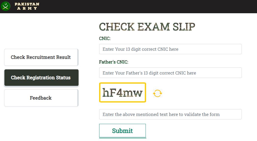 Join Pak Army Exam Slip